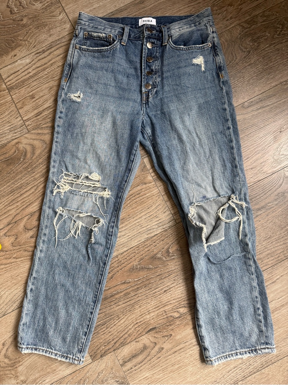84.  Pistola Distressed Straight Leg Jeans Size 27 | Button Fly Medium Wash Deni